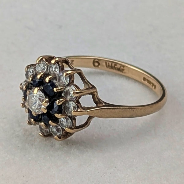 UK Vintage K9 Gold Sapphire & Cubic Zirconia Flower Design Ring (Japan size 13)