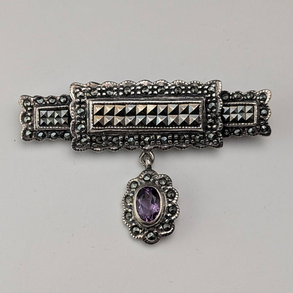 Vintage Sterling Silver Marcasite & Purple Stone Brooch