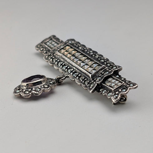 復古純銀底座 馬克賽石和紫色寶石胸針