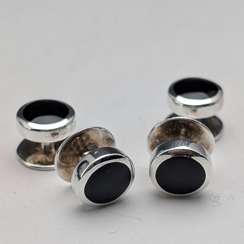 Vintage Sterling Silver & Onyx Cufflinks and Studs Set of 6 in a Case