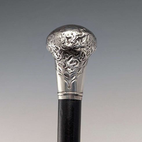 1916 English Antique Black Shaft Sterling Silver Rondel Handle Walking Stick 90cm