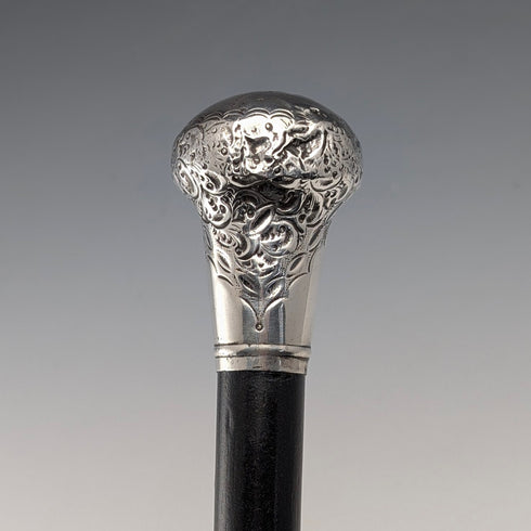 1916年 英国アンティーク ブラックシャフト 純銀ロンデルハンドル 杖 90cm
