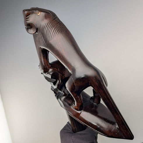 ヴィンテージ 極太エボナイズドシャフトライオン彫刻ハンドル 杖 130cm