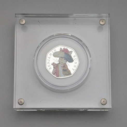 UK Beatrix Potter 150th Anniversary "Benjamin Bunny" 50 Pence Commemorative Silver Coin Royal Mint, with Case and Certificate of Authenticity