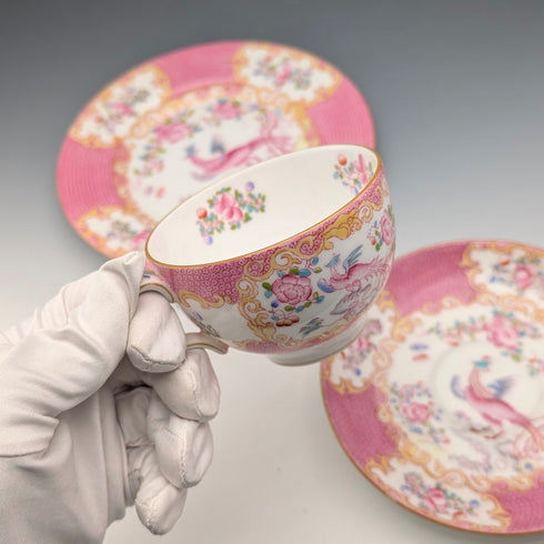 English Vintage Minton Pink Cockatrice Teacup Trio