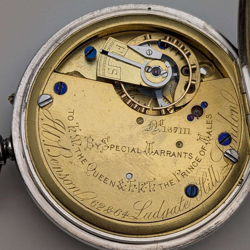 1887年 英国アンティーク J.W.Benson 懐中時計 純銀オープンフェース 動作良好