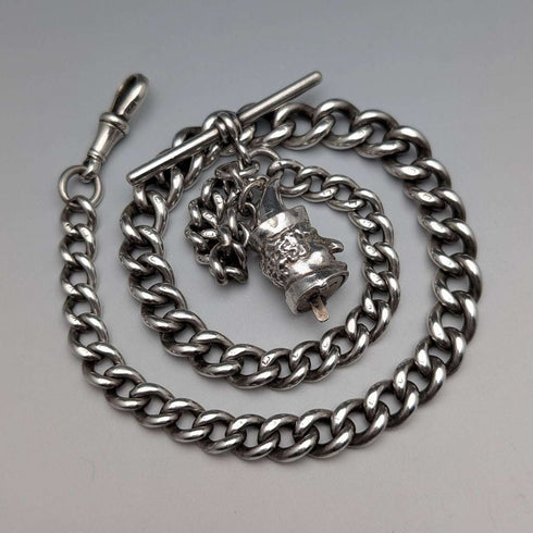 1900年頃 英国アンティーク 純銀製アルバートチェーン 62g Mr.パンチ チャームフォブ