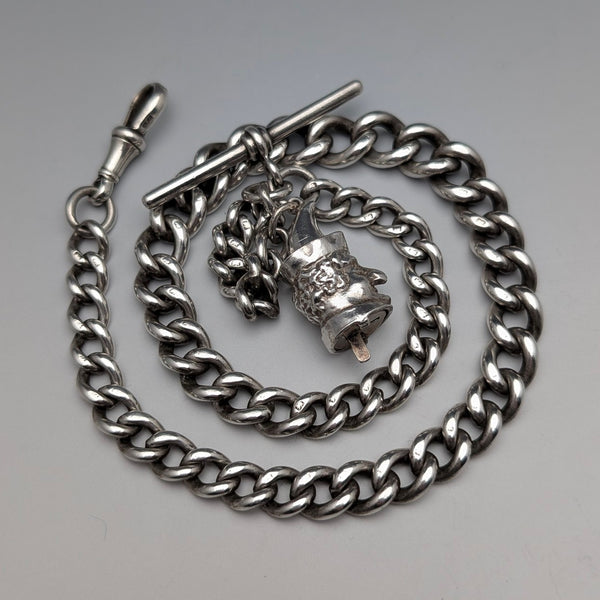 1900年頃 英国アンティーク 純銀製アルバートチェーン 62g Mr.パンチ チャームフォブ
