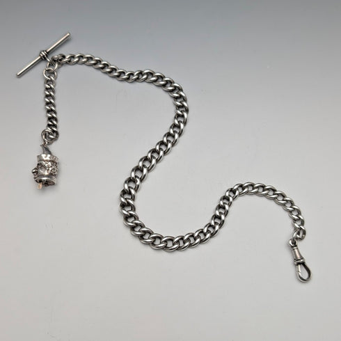 1900年頃 英国アンティーク 純銀製アルバートチェーン 62g Mr.パンチ チャームフォブ