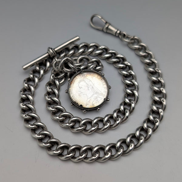 1911年 英国アンティーク 純銀製アルバートチェーン 59g 6ペンスコインフォブ