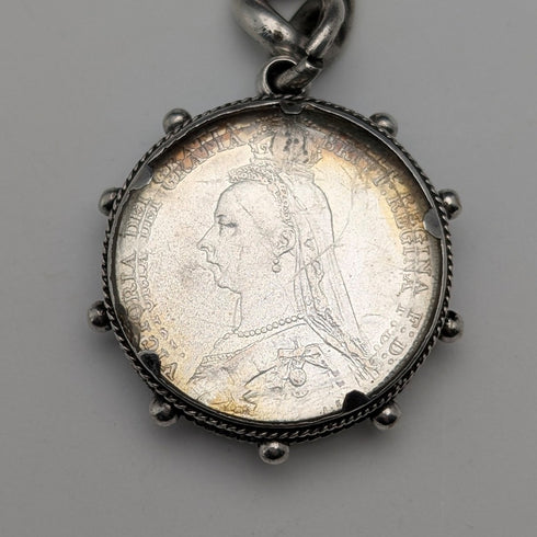 1911年 英国アンティーク 純銀製アルバートチェーン 59g 6ペンスコインフォブ