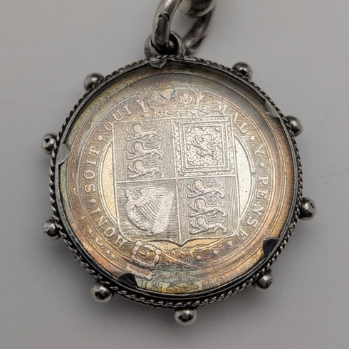 1911年 英国アンティーク 純銀製アルバートチェーン 59g 6ペンスコインフォブ