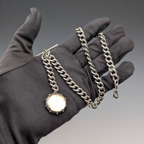 1911年 英国アンティーク 純銀製アルバートチェーン 59g 6ペンスコインフォブ