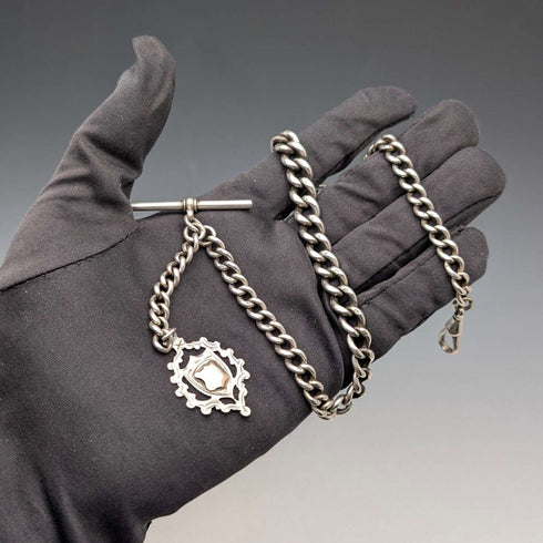1889年 英国アンティーク 純銀製アルバートチェーン 50g 純銀メダルフォブ