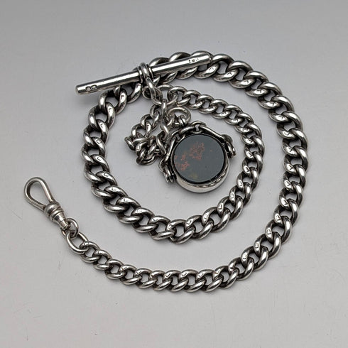 1896年 英国アンティーク 純銀製アルバートチェーン 49g 純銀2色回転フォブ