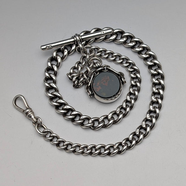 1896年 英国アンティーク 純銀製アルバートチェーン 49g 純銀2色回転フォブ