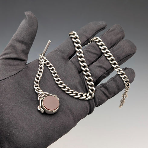 1896年 英国アンティーク 純銀製アルバートチェーン 49g 純銀2色回転フォブ