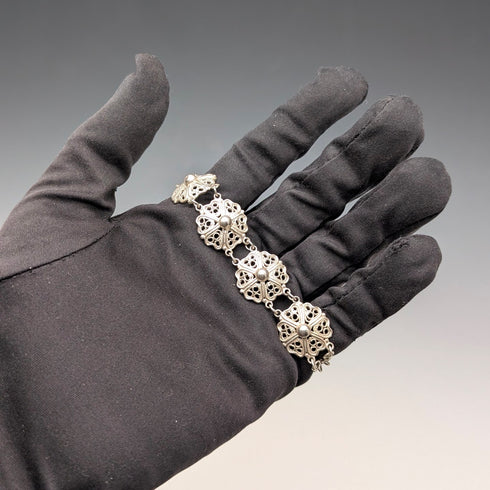 ヴィンテージ 純銀製 フィリグリー ハートフラワーデザイン ブレスレット