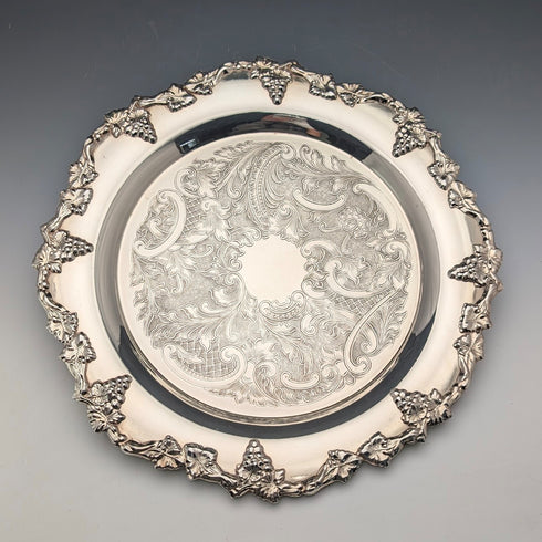 英国ヴィンテージ シルバープレート製 脚付きサルヴァ 直径30cm