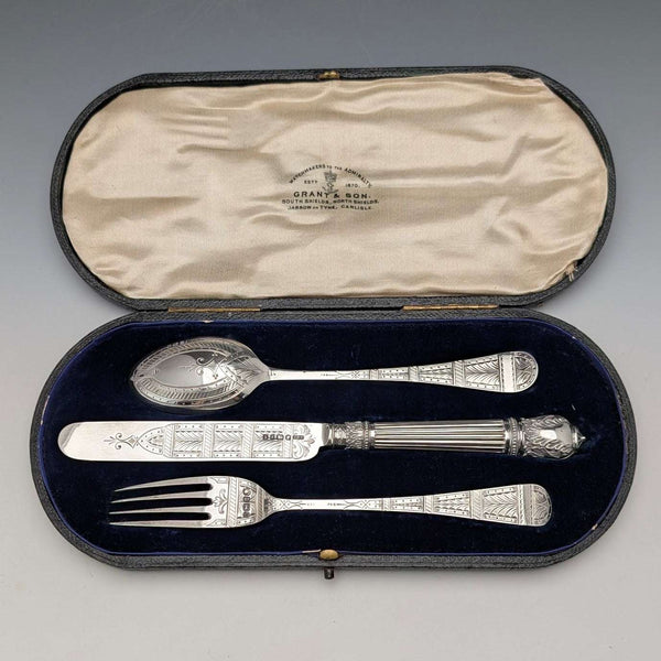 Circa 1874 English Antique Sterling Silver Christening Cutlery Set Total 89g by Walker & Hall, Cased