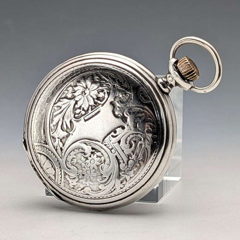 c. 1912 Antique Longines Pocket Watch Art Nouveau Engraving Sterling Silver Hunter Case Good Working Order