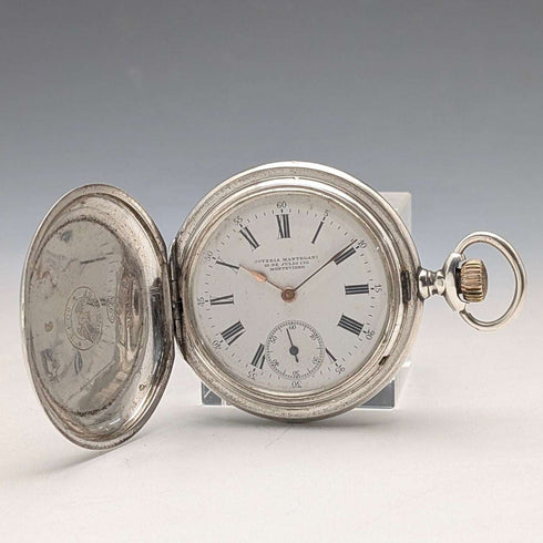 c. 1912 Antique Longines Pocket Watch Art Nouveau Engraving Sterling Silver Hunter Case Good Working Order
