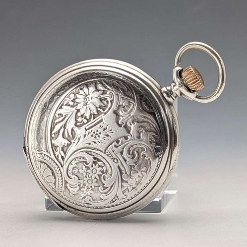 c. 1912 Antique Longines Pocket Watch Art Nouveau Engraving Sterling Silver Hunter Case Good Working Order