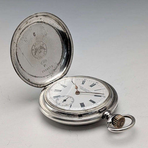 c. 1912 Antique Longines Pocket Watch Art Nouveau Engraving Sterling Silver Hunter Case Good Working Order