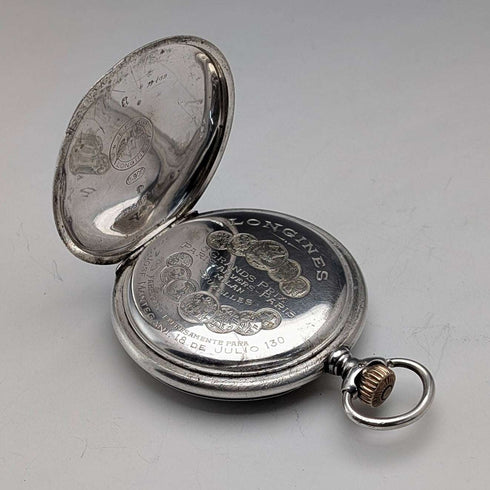 c. 1912 Antique Longines Pocket Watch Art Nouveau Engraving Sterling Silver Hunter Case Good Working Order