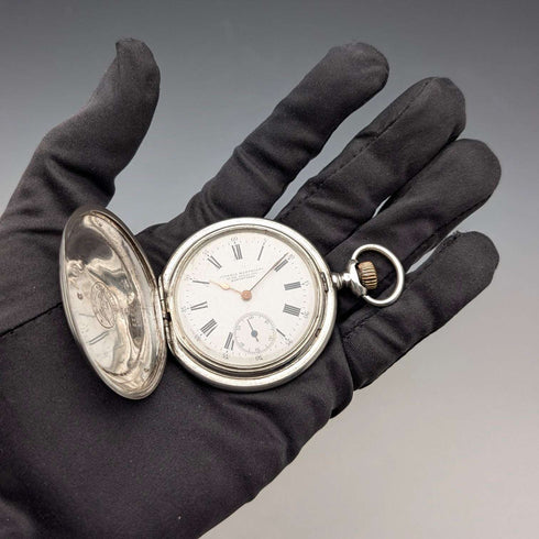 c. 1912 Antique Longines Pocket Watch Art Nouveau Engraving Sterling Silver Hunter Case Good Working Order
