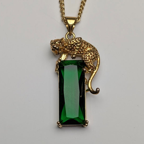 復古 純銀鎏金豹形底座 綠寶石吊墜