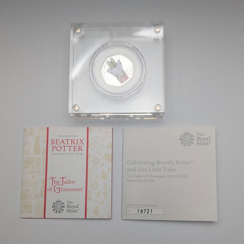 UK Beatrix Potter 150th Anniversary "The Tailor of Gloucester" 50p Proof Silver Coin Royal Mint, with Case and Certificate