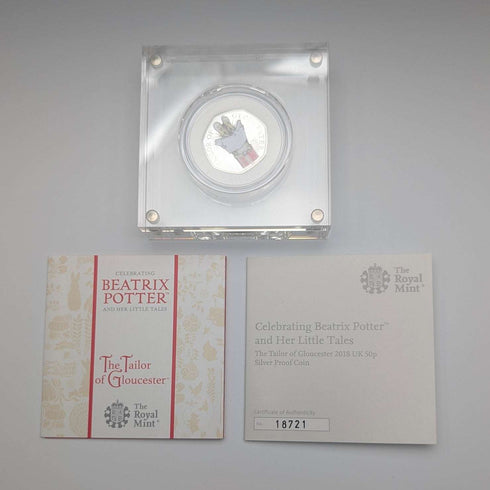 UK Beatrix Potter 150th Anniversary "The Tailor of Gloucester" 50p Proof Silver Coin Royal Mint, with Case and Certificate