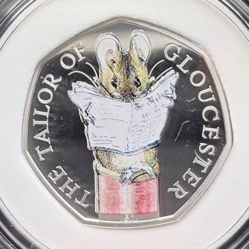 UK Beatrix Potter 150th Anniversary "The Tailor of Gloucester" 50p Proof Silver Coin Royal Mint, with Case and Certificate