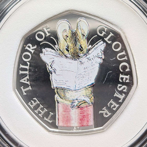 UK Beatrix Potter 150th Anniversary "The Tailor of Gloucester" 50p Proof Silver Coin Royal Mint, with Case and Certificate