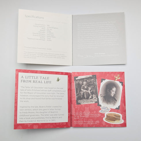 UK Beatrix Potter 150th Anniversary "The Tailor of Gloucester" 50p Proof Silver Coin Royal Mint, with Case and Certificate
