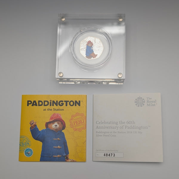 United Kingdom "Paddington Bear" 60th Anniversary 50p Proof Silver Coin with Royal Mint Case and Certificate of Authenticity