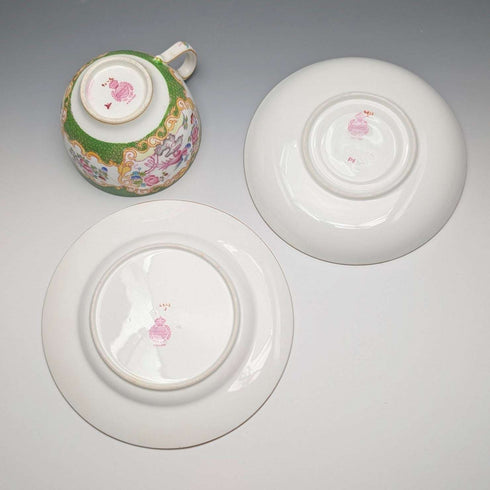 English Vintage Minton Green Cockatrice Tea Cup Trio