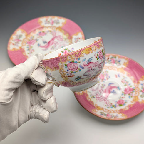 English Vintage Minton Pink Cockatrice Teacup Trio