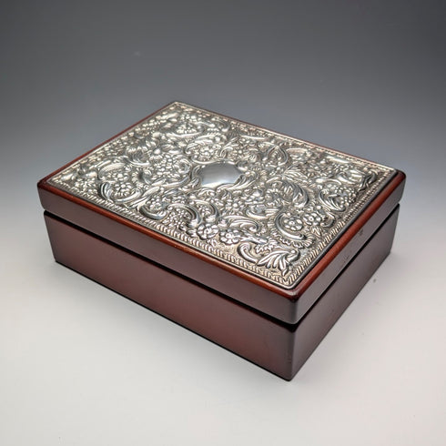 British Sterling Silver Victorian Ornate Wooden Jewelry Box by Carr's of Sheffield