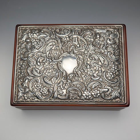 British Sterling Silver Victorian Ornate Wooden Jewelry Box by Carr's of Sheffield
