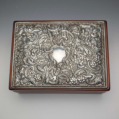 British Sterling Silver Victorian Ornate Wooden Jewelry Box by Carr's of Sheffield