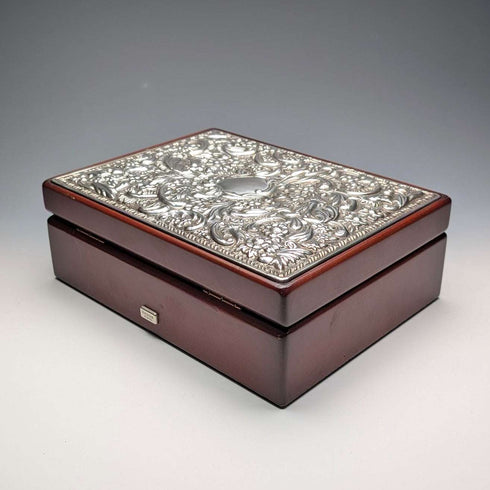 British Sterling Silver Victorian Ornate Wooden Jewelry Box by Carr's of Sheffield