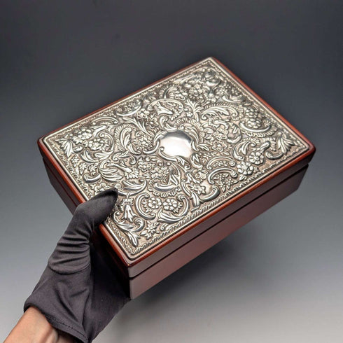 British Sterling Silver Victorian Ornate Wooden Jewelry Box by Carr's of Sheffield