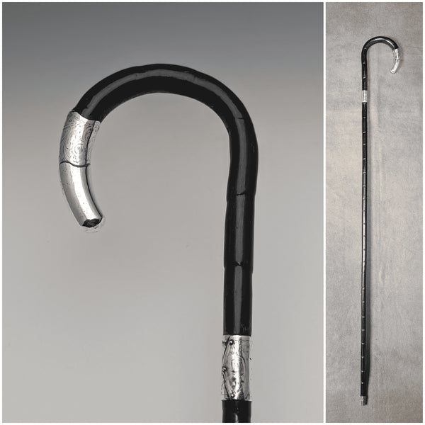 Circa 1910 British Antique Ladies Cane, Curved Handle, Sterling Silver Decoration, 83cm