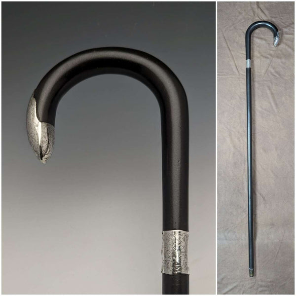 1923 British antique gentleman's cane black shaft pure silver decorative handle 93cm