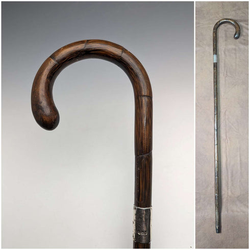 1921 年英國古董男士手杖,輕質弧形手柄,純銀裝飾,棕色桿,88 厘米