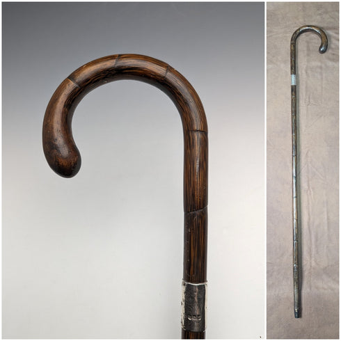 1921 British Antique Men's Cane, Lightweight Curved Handle, Sterling Silver Decoration, Brown Shaft, 88cm