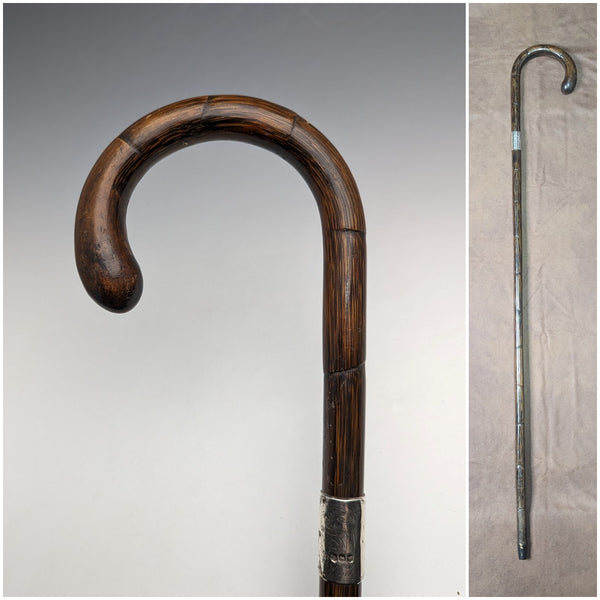 1921 British Antique Men's Cane, Lightweight Curved Handle, Sterling Silver Decoration, Brown Shaft, 88cm