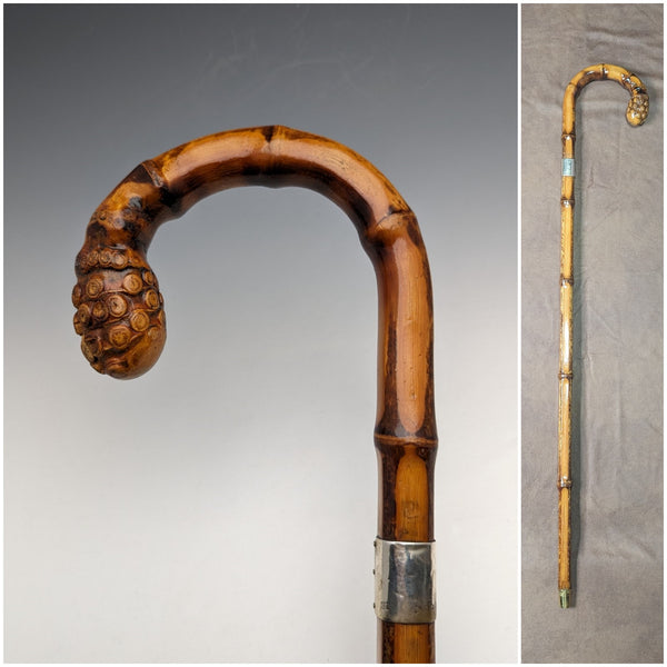 1926 British Vintage Men's Cane, Curved Handle, Sterling Silver Decoration, Bamboo Shaft, 82cm